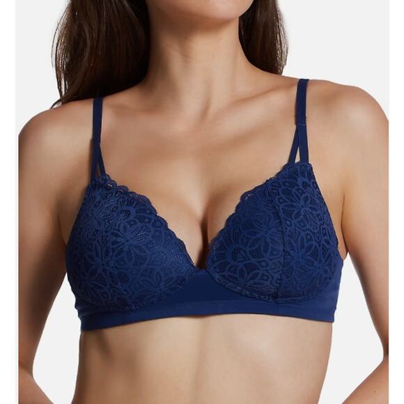 NWT Maidenform Soft Support Wireless Bra Blue Lace Overlay Med - Picture 1 of 6